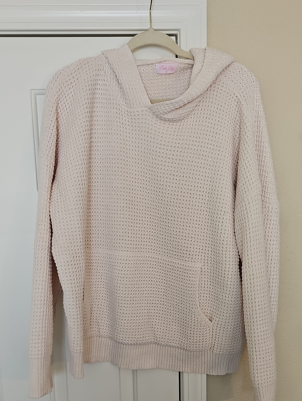 Pink Lily Soft Light Cream Colored Waffle Knit Hoodie